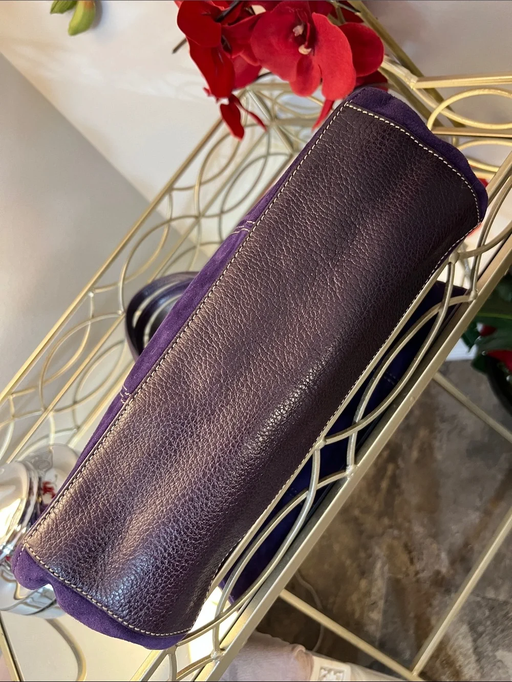 Cole Haan Purple Y2K Suede & Leather Top Handle Satchel with Gold Hardware
